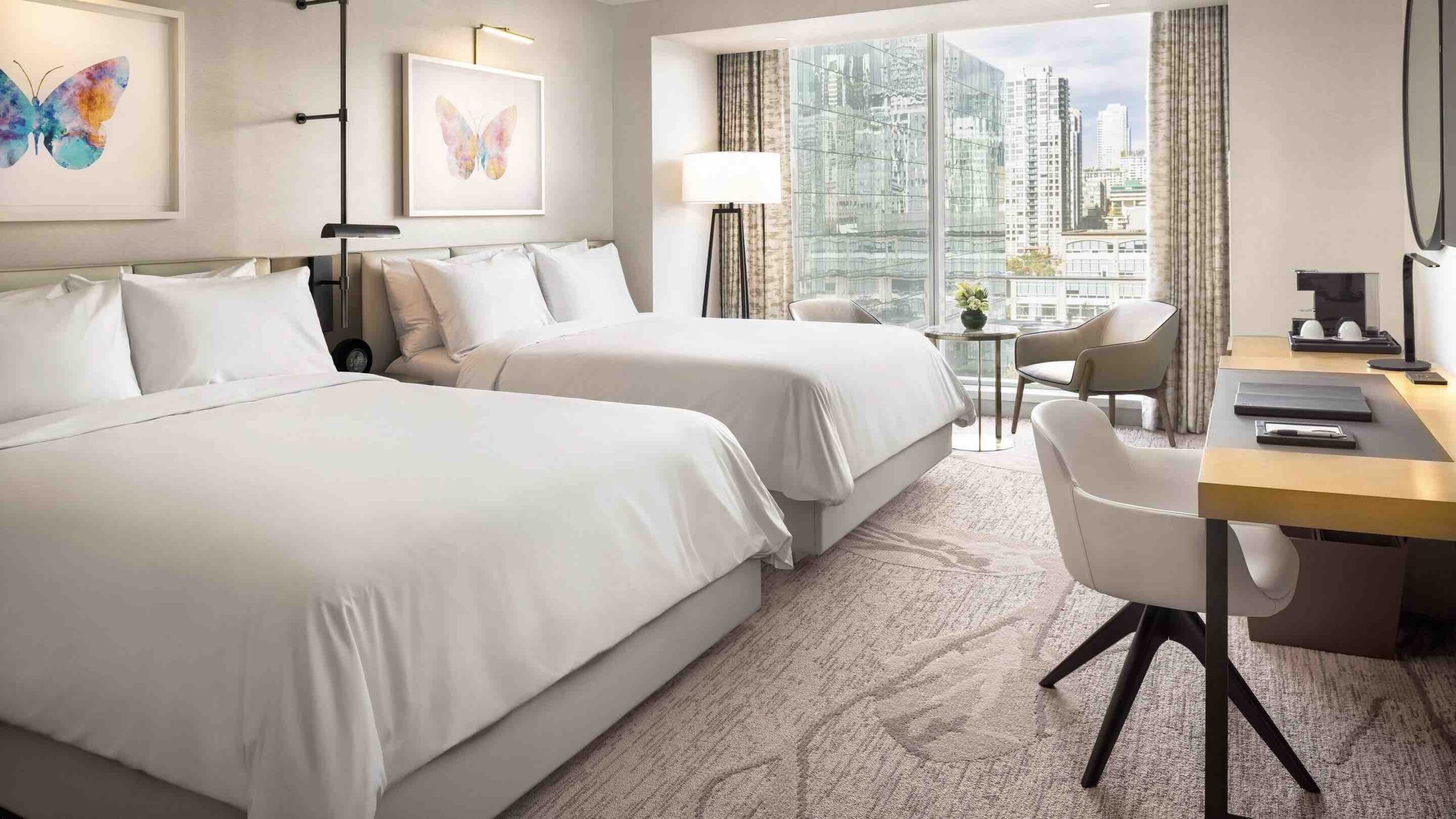 Luxury hotels in Vancouver include JW Marriott Parq Vancouver with its chic bedrooms