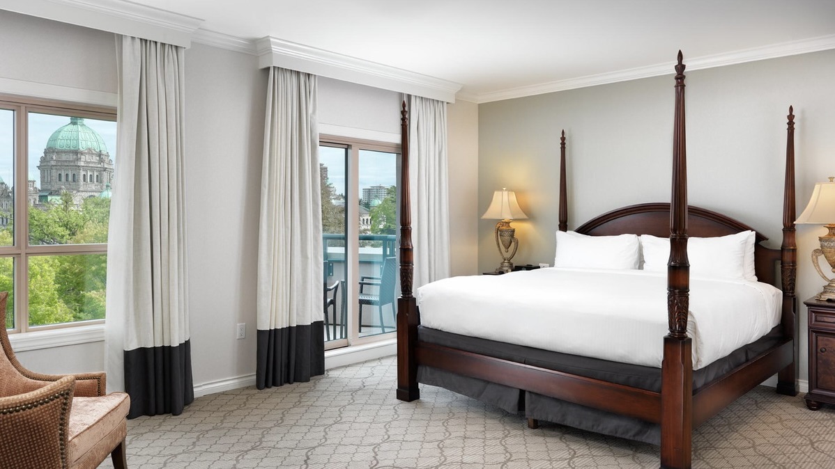 Hotel Grand Pacific bedroom with city view at one of the best luxury hotels in Victoria